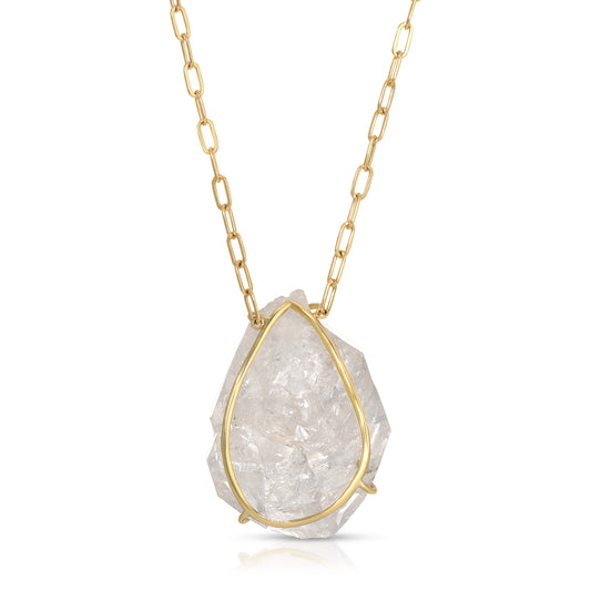Natural Raw Herkimer Diamond 18 Karat Gold Paperclip Necklace