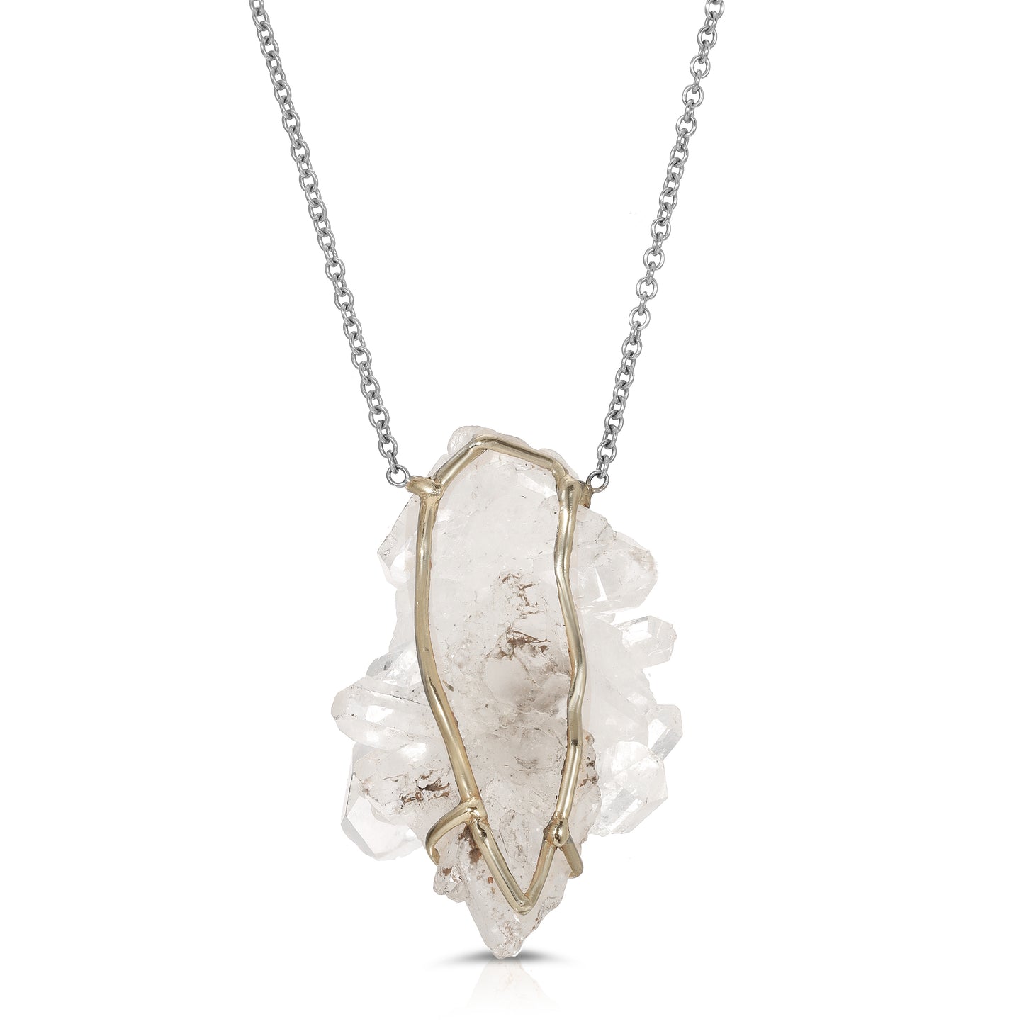 Natural Raw Clear Quartz Cluster 18 Karat White Gold Necklace