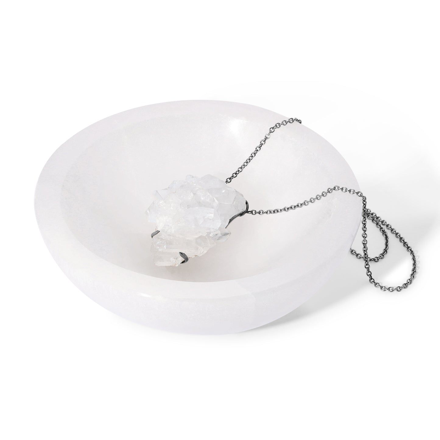 Natural Raw Clear Quartz Cluster 18 Karat White Gold Necklace