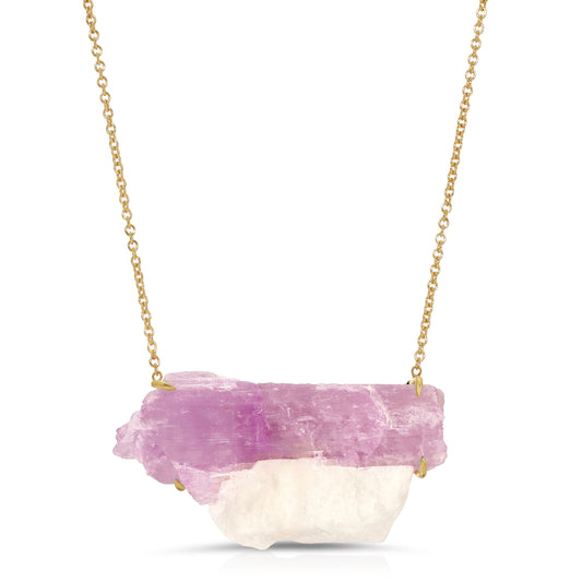 Natural Raw Kunzite with White Agate Necklace set in 18 Karat Gold